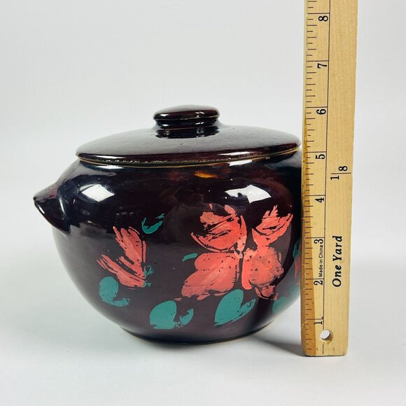 Vintage Ceramic Bean Pot With Lid & Handles Painted Floral Design USA - Picture 7 of 9